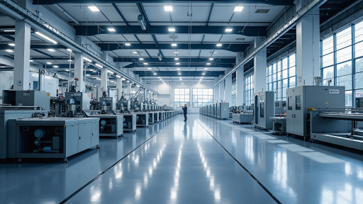 公司所在工业园区全景，现代化厂房建筑，绿树成荫的道路，体现良好的地理位置